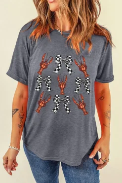Outlet Dear-Lover Checkered Bow Crawfish Printed Summer Tee Gray