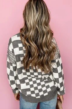 Best Dear-Lover Checkered Print Drop Shoulder Round Neck Sweater Gray