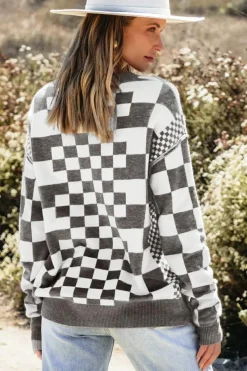 Best Dear-Lover Checkered Print Drop Shoulder Round Neck Sweater Gray