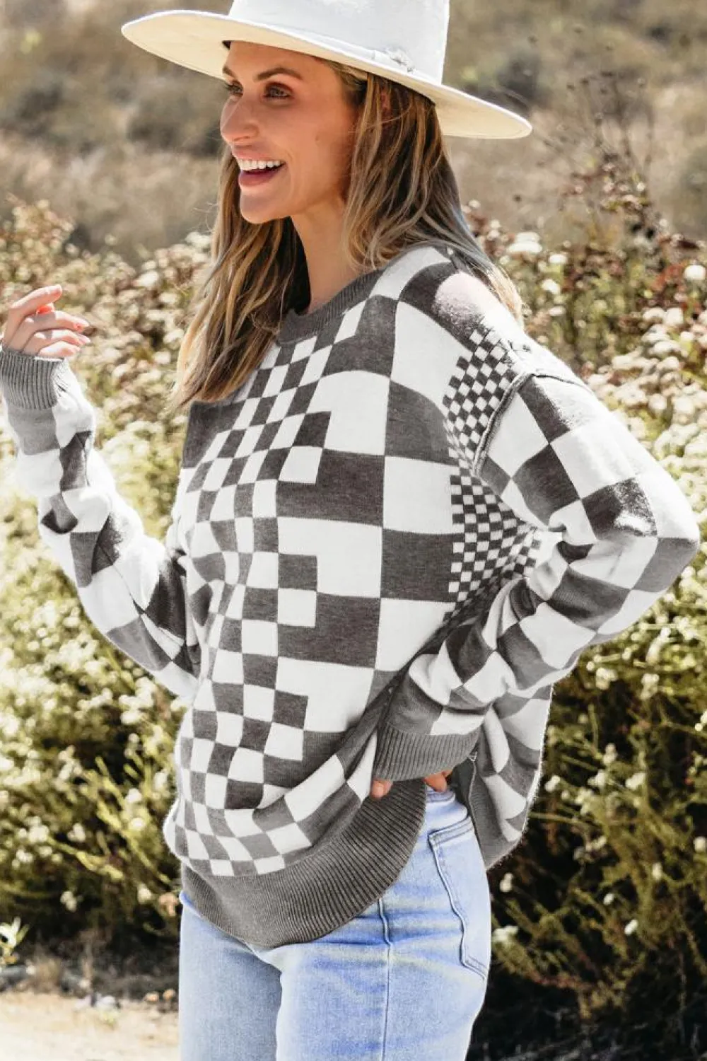 Best Dear-Lover Checkered Print Drop Shoulder Round Neck Sweater Gray