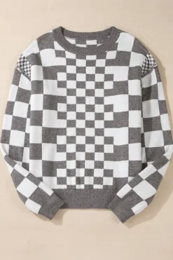Best Dear-Lover Checkered Print Drop Shoulder Round Neck Sweater Gray