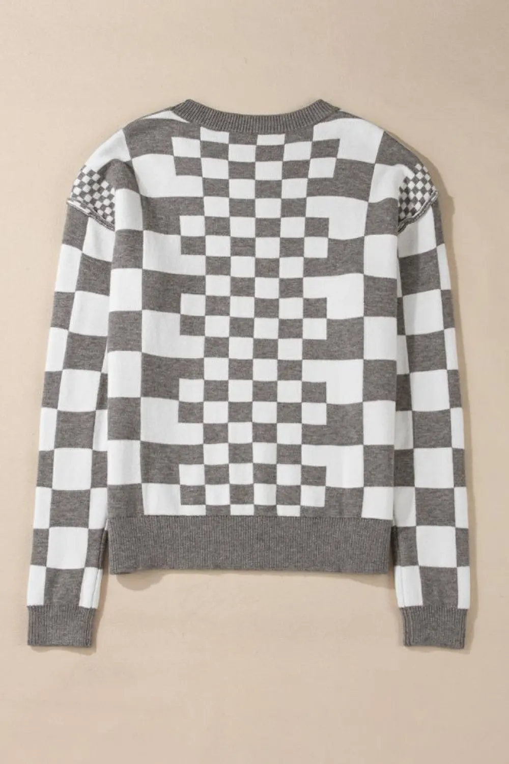 Best Dear-Lover Checkered Print Drop Shoulder Round Neck Sweater Gray