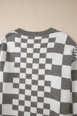 Best Dear-Lover Checkered Print Drop Shoulder Round Neck Sweater Gray