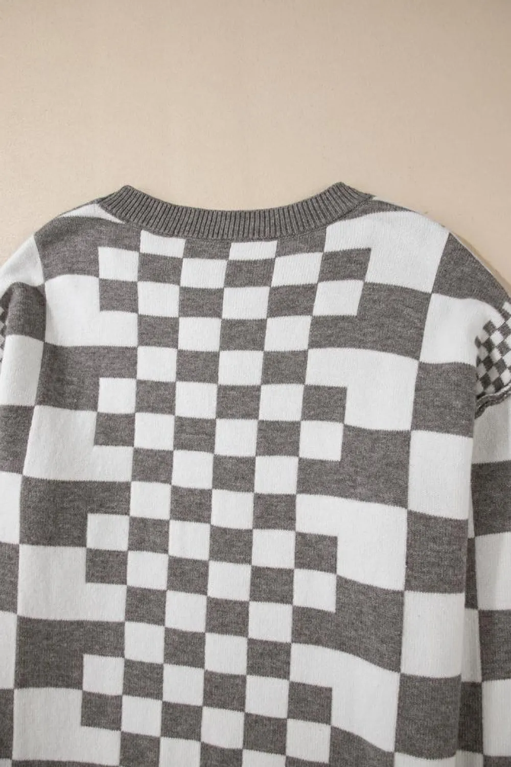 Best Dear-Lover Checkered Print Drop Shoulder Round Neck Sweater Gray
