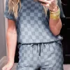 Discount Dear-Lover Checkered V Neck Tee Drawstring Shorts Lounge Set Gray