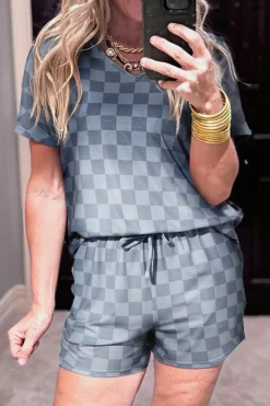 Discount Dear-Lover Checkered V Neck Tee Drawstring Shorts Lounge Set Gray