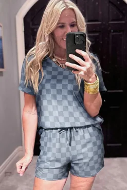 Discount Dear-Lover Checkered V Neck Tee Drawstring Shorts Lounge Set Gray