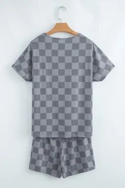 Discount Dear-Lover Checkered V Neck Tee Drawstring Shorts Lounge Set Gray