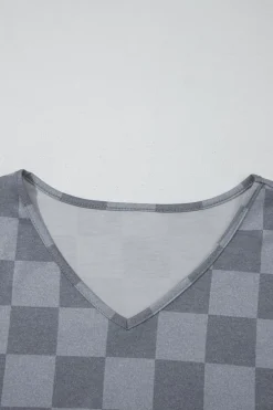 Discount Dear-Lover Checkered V Neck Tee Drawstring Shorts Lounge Set Gray