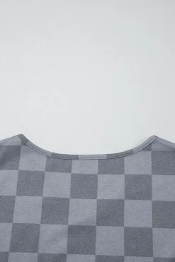 Discount Dear-Lover Checkered V Neck Tee Drawstring Shorts Lounge Set Gray