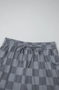 Discount Dear-Lover Checkered V Neck Tee Drawstring Shorts Lounge Set Gray