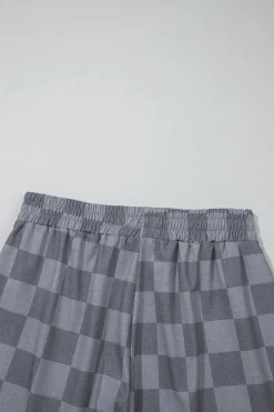 Discount Dear-Lover Checkered V Neck Tee Drawstring Shorts Lounge Set Gray