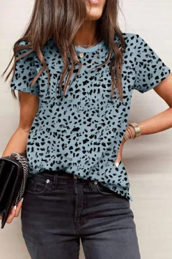 Best Dear-Lover Cheetah Print O-neck Short Sleeve T Shirt Gray