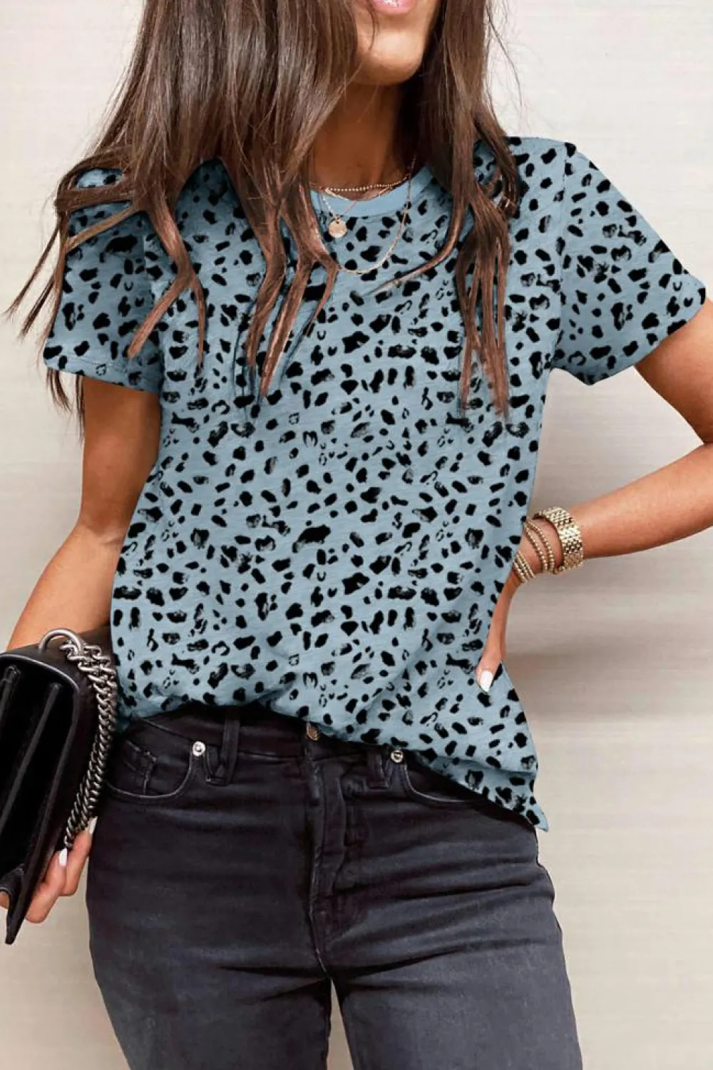 Best Dear-Lover Cheetah Print O-neck Short Sleeve T Shirt Gray