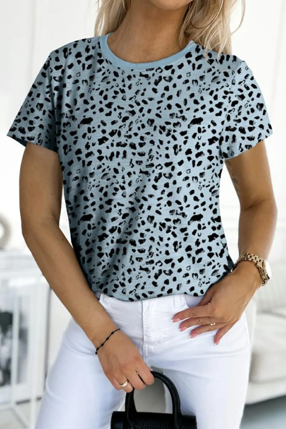 Best Dear-Lover Cheetah Print O-neck Short Sleeve T Shirt Gray