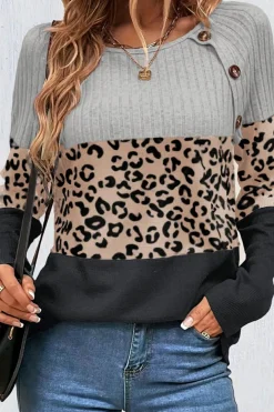 New Dear-Lover Cheetah Textured Patchwork Buttoned Round Neck T Shirt Gray