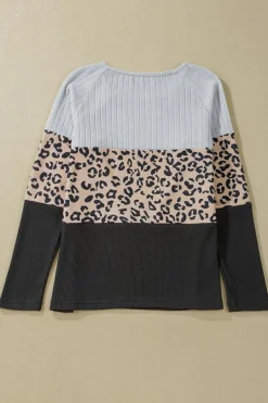 New Dear-Lover Cheetah Textured Patchwork Buttoned Round Neck T Shirt Gray
