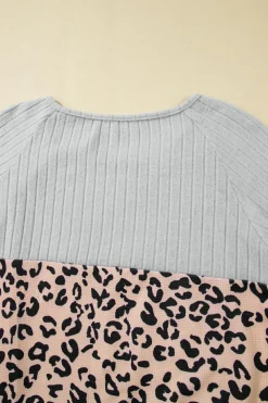 New Dear-Lover Cheetah Textured Patchwork Buttoned Round Neck T Shirt Gray