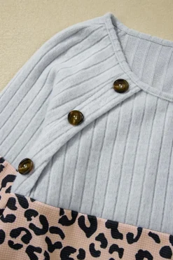 New Dear-Lover Cheetah Textured Patchwork Buttoned Round Neck T Shirt Gray