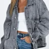 Online Dear-Lover Chest Pockets Drop Shoulder Loose Denim Jacket Gray