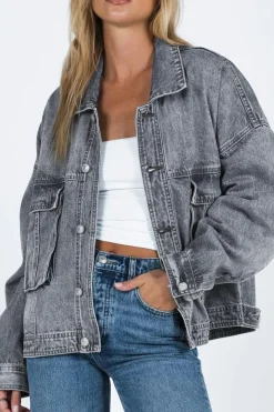 Online Dear-Lover Chest Pockets Drop Shoulder Loose Denim Jacket Gray