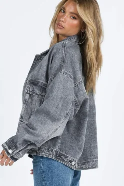 Online Dear-Lover Chest Pockets Drop Shoulder Loose Denim Jacket Gray