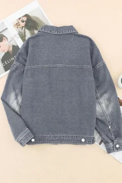 Online Dear-Lover Chest Pockets Drop Shoulder Loose Denim Jacket Gray