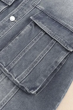 Online Dear-Lover Chest Pockets Drop Shoulder Loose Denim Jacket Gray