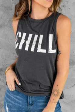 Outlet Dear-Lover CHILL Graphic Print Tank Top Gray