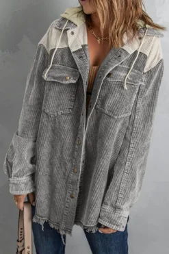 Best Dear-Lover Gray Color Block Button Down Hooded Corduroy Jacket Gray-2