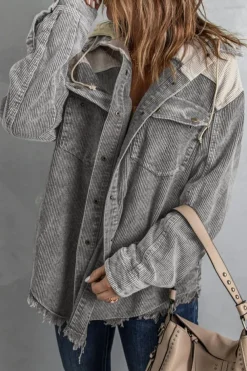 Best Dear-Lover Gray Color Block Button Down Hooded Corduroy Jacket Gray-2