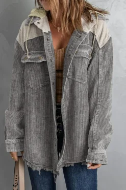 Best Dear-Lover Gray Color Block Button Down Hooded Corduroy Jacket Gray-2