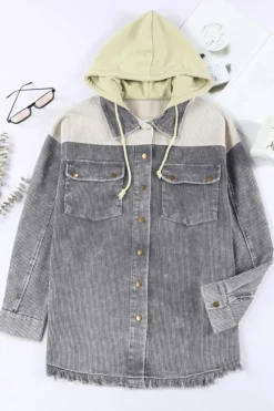Best Dear-Lover Gray Color Block Button Down Hooded Corduroy Jacket Gray-2