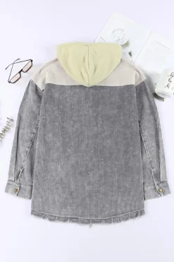 Best Dear-Lover Gray Color Block Button Down Hooded Corduroy Jacket Gray-2