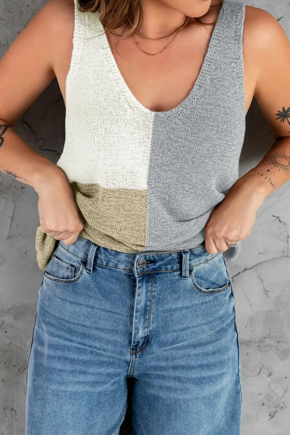 Online Dear-Lover Color Block Knitted Tank Top Gray