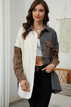 Clearance Dear-Lover Color Block Leopard Patched Corduroy Shacket Gray