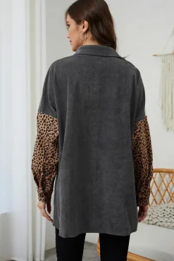 Clearance Dear-Lover Color Block Leopard Patched Corduroy Shacket Gray