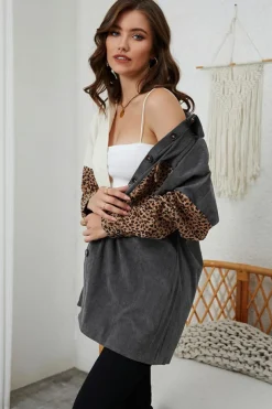 Clearance Dear-Lover Color Block Leopard Patched Corduroy Shacket Gray