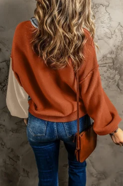 Clearance Dear-Lover Colorblock Bishop Sleeve Ribbed Trim Sweater Gray