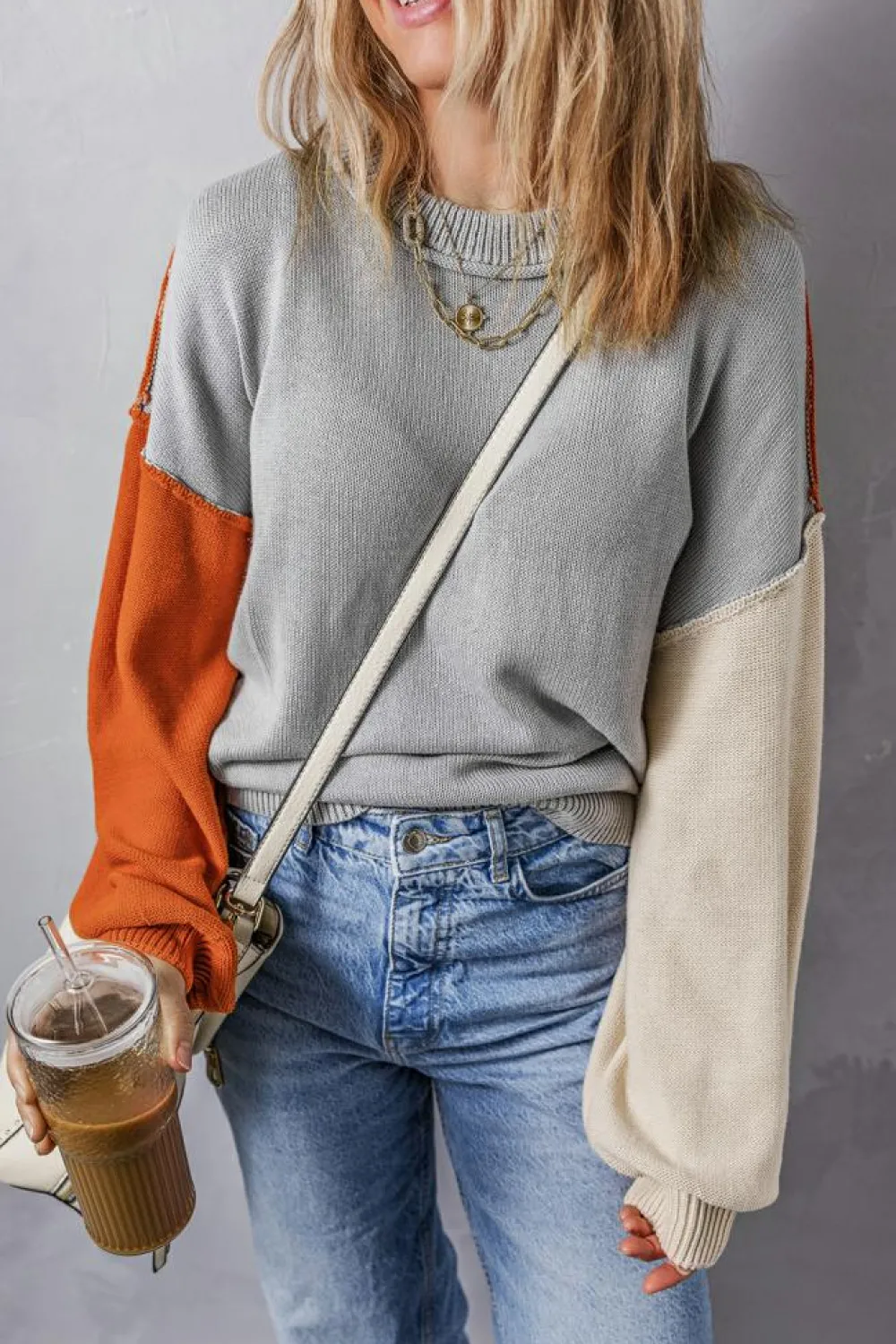 Clearance Dear-Lover Colorblock Bishop Sleeve Ribbed Trim Sweater Gray
