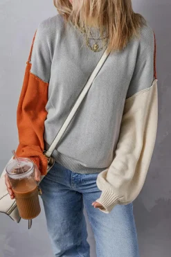 Clearance Dear-Lover Colorblock Bishop Sleeve Ribbed Trim Sweater Gray
