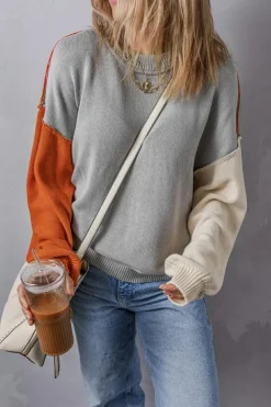 Clearance Dear-Lover Colorblock Bishop Sleeve Ribbed Trim Sweater Gray