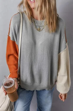 Clearance Dear-Lover Colorblock Bishop Sleeve Ribbed Trim Sweater Gray