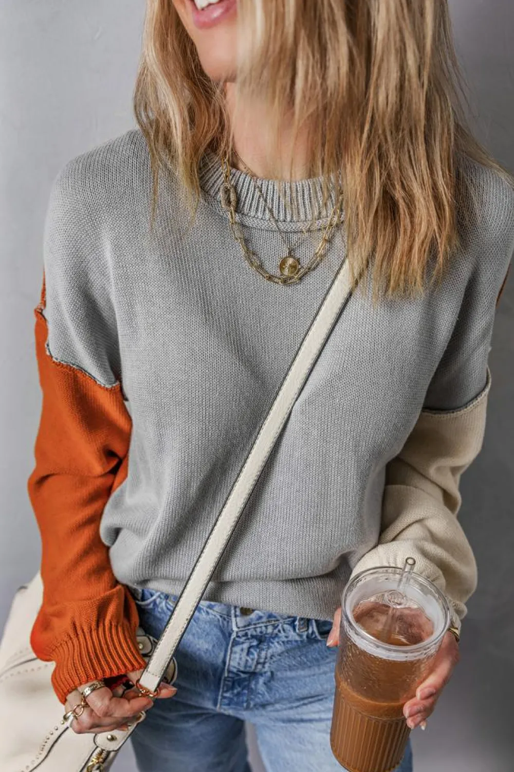 Clearance Dear-Lover Colorblock Bishop Sleeve Ribbed Trim Sweater Gray