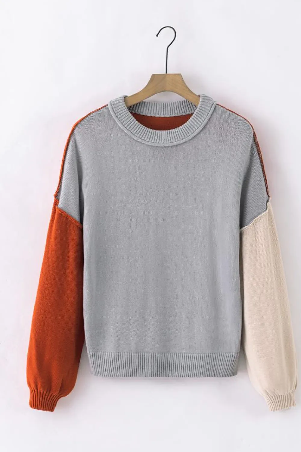 Clearance Dear-Lover Colorblock Bishop Sleeve Ribbed Trim Sweater Gray