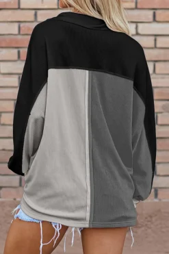 Online Dear-Lover Colorblock Ribbed Collared Oversized Sweatshirt Gray