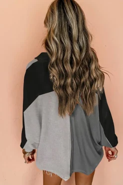Online Dear-Lover Colorblock Ribbed Collared Oversized Sweatshirt Gray