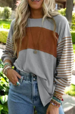 Discount Dear-Lover Colorblock Striped Bishop Sleeve Top Gray