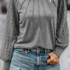 Best Dear-Lover Contrast Lace Raglan Sleeve Plicated Knit Top Gray