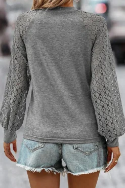 Best Dear-Lover Contrast Lace Raglan Sleeve Plicated Knit Top Gray